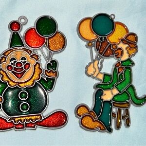 VTG Set 2 Circus Clown Sun Catchers 1970s? Creepy Clown Stained Glass Pennywise